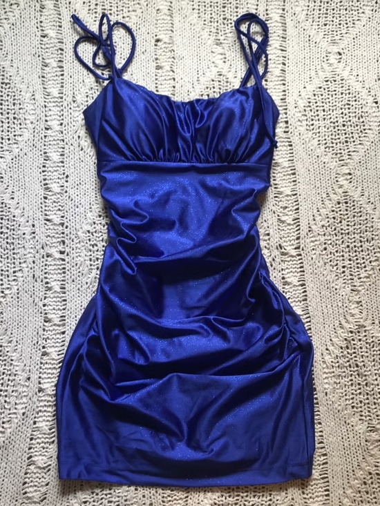 Deep Midnight Blue Shirred Glitter-Knit Bodycon Mini Dress - like new, fits  xs-